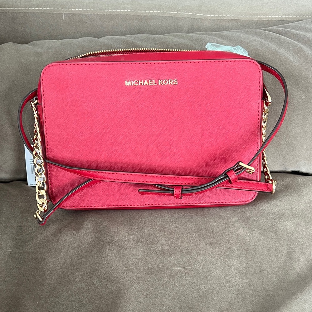Michael Kors Scarlet Crossbody Bag with Gold Accents new. Red